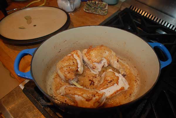 Fully browned chicken parts in dutch oven