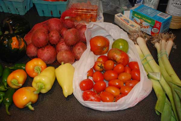 Peppers, turnips, tomatoes, apples, greens, squash