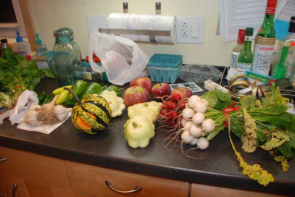 garlic, greens, squashes galore, apples, peppers, turnips, radishes